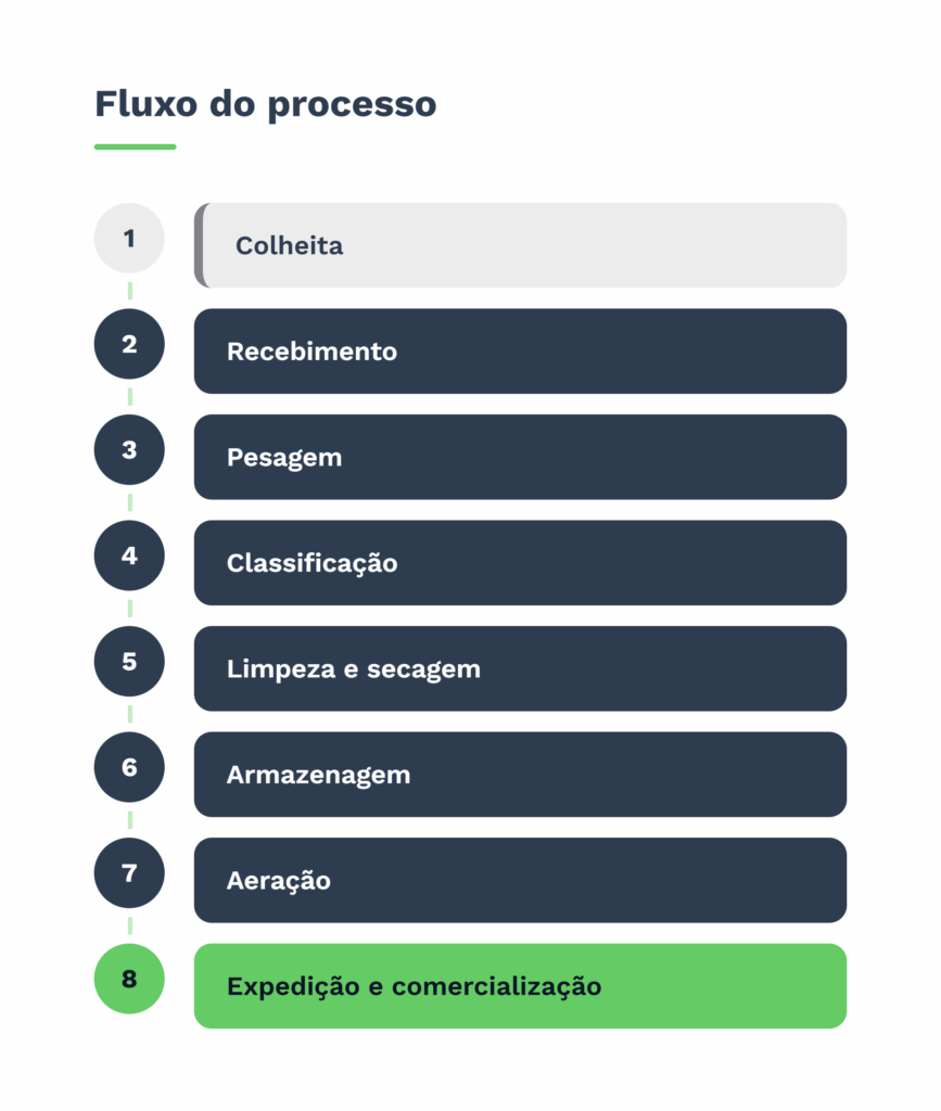 A imagem apresenta um fluxograma vertical que ilustra as etapas do processo de recebimento, beneficiamento, armazenagem e comercialização de grãos. No topo, há o título "Fluxo do processo", acompanhado por um pequeno destaque em verde.


