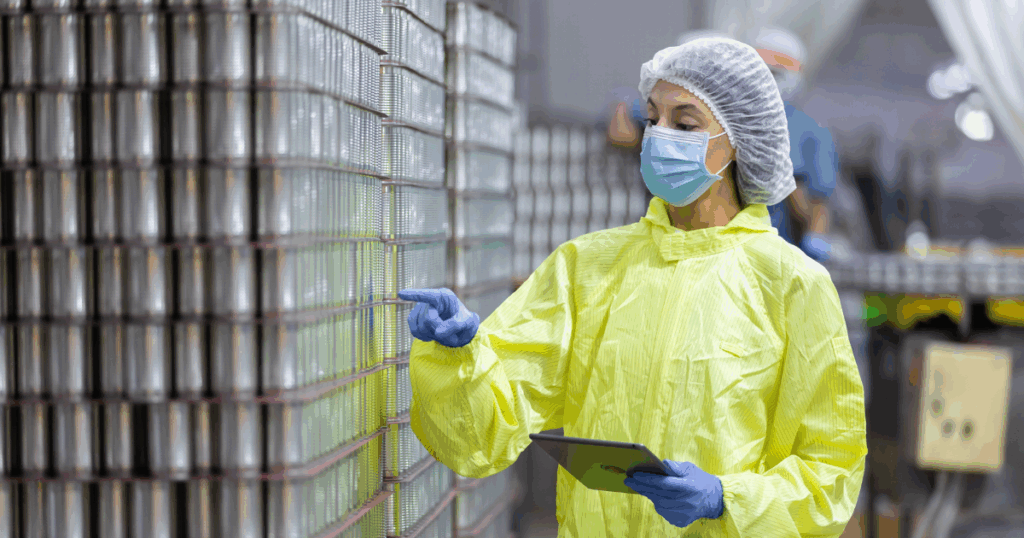 Profissional da indústria de alimentos utilizando equipamentos de proteção individual inspeciona pilhas de latas metálicas com um tablet em ambiente de produção, representando o controle de processos e os custos de produção no setor alimentício.