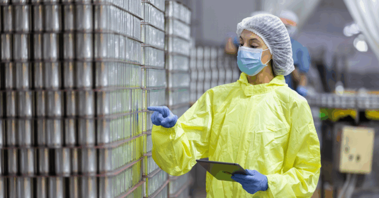 Profissional da indústria de alimentos utilizando equipamentos de proteção individual inspeciona pilhas de latas metálicas com um tablet em ambiente de produção, representando o controle de processos e os custos de produção no setor alimentício.