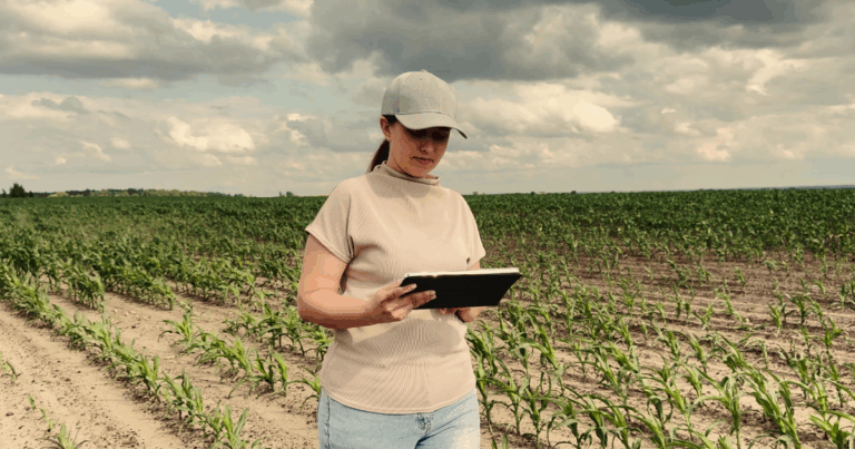 Mulher em plantação de milho usando tablet para acompanhar a rastreabilidade de grãos.