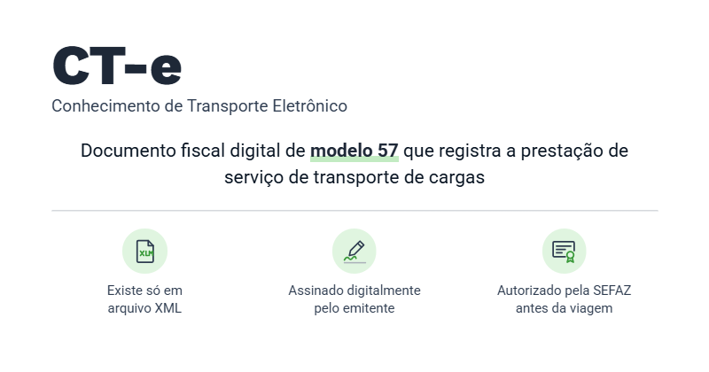 CT-e conhecimento de transporte eletrônico. Documento fiscal digital de modelo 57 que registra a prestação de serviço de transporte de cargas. 